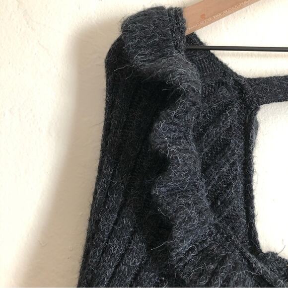 Topshop Cable Knit Open Back Ruffle Square Neck Long Sleeve Gray Sweater - Picture 8 of 8